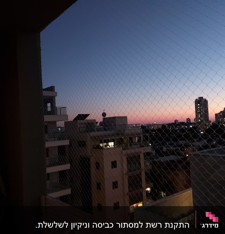 רשת נגד יונים על רקע בניינים בשקיעה